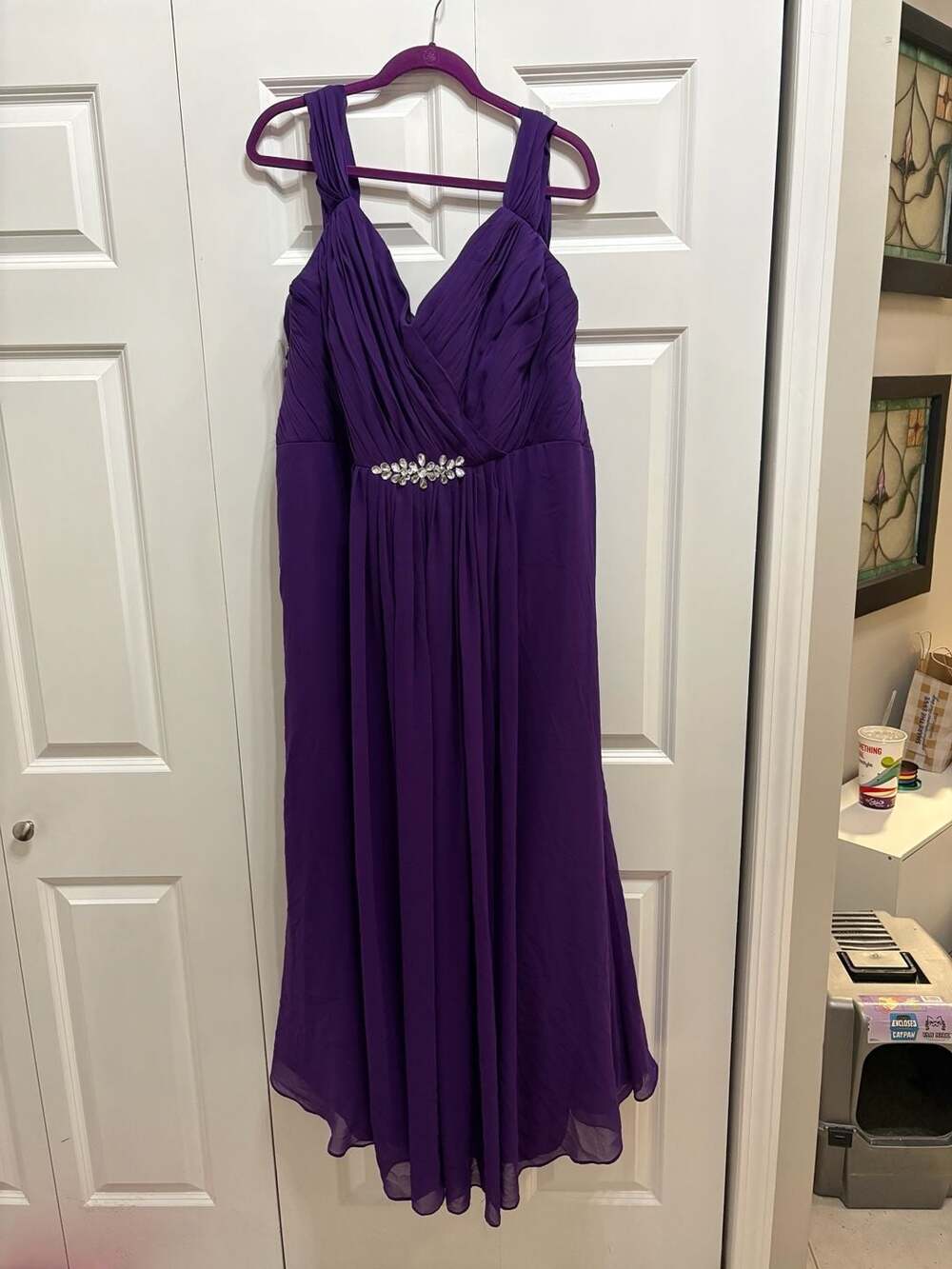 V-neck Chiffon Long Purple Dress with Crystal Waistband, size 22